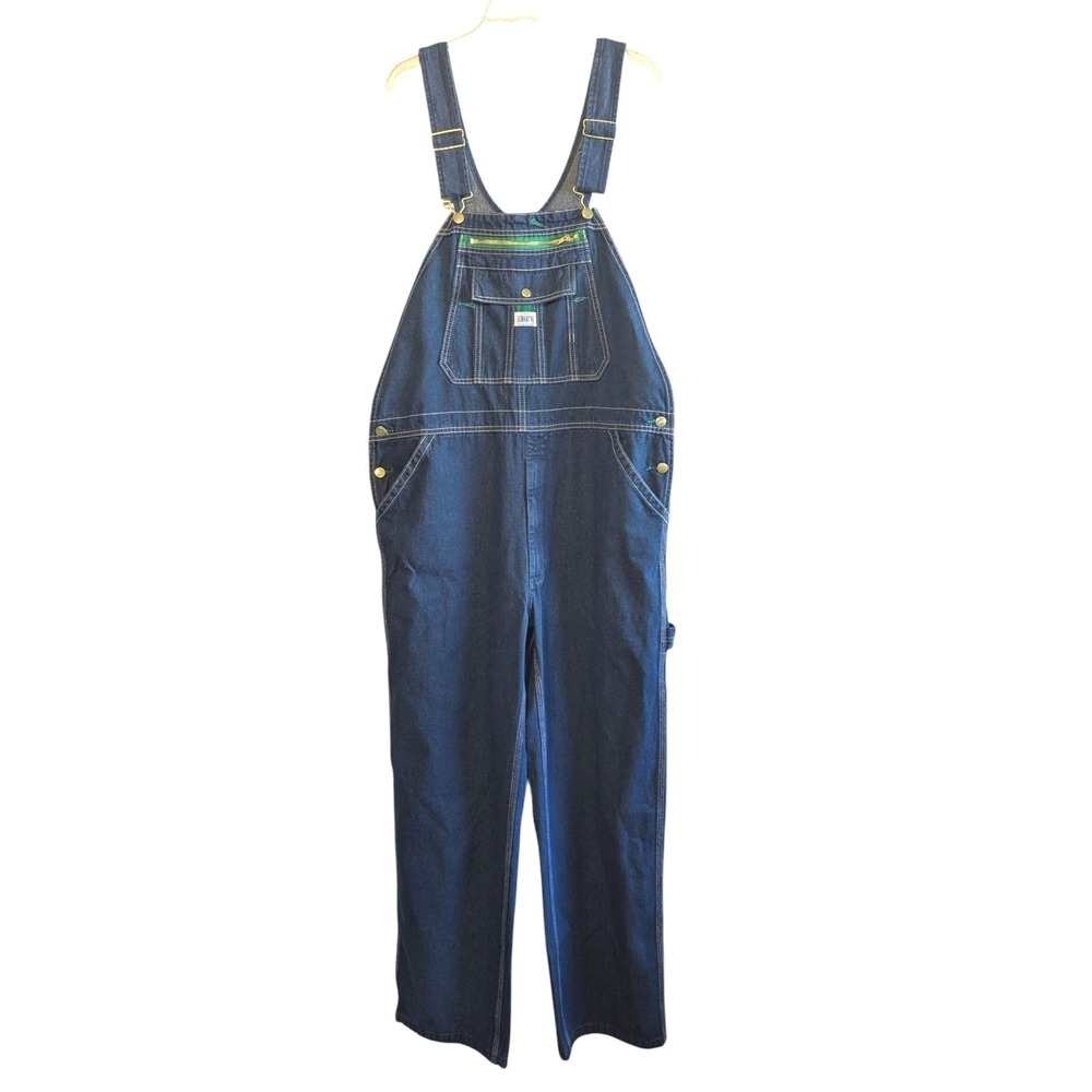 Liberty Overalls Mens Dark Wash Denim Workwear Bibs Green Zipper Pocket 38 x 30